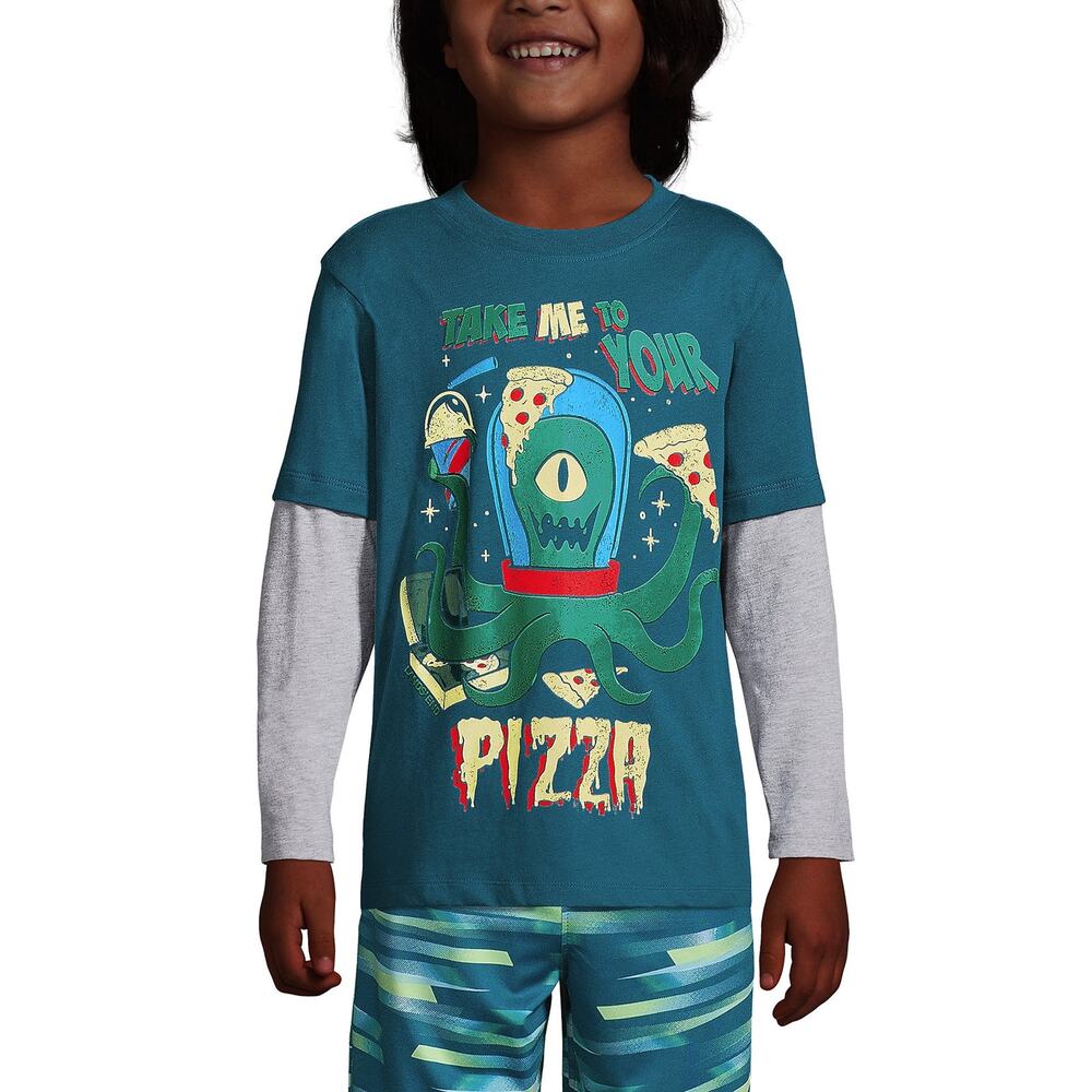NWT Lands' End Pizza Alien Graphic Tee Double Layer Long Sleeve Teal Boys Size L